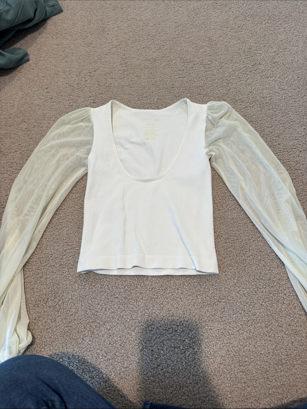 Free People White Scoop Neck Crop Top with Sheer Puff Sleeves